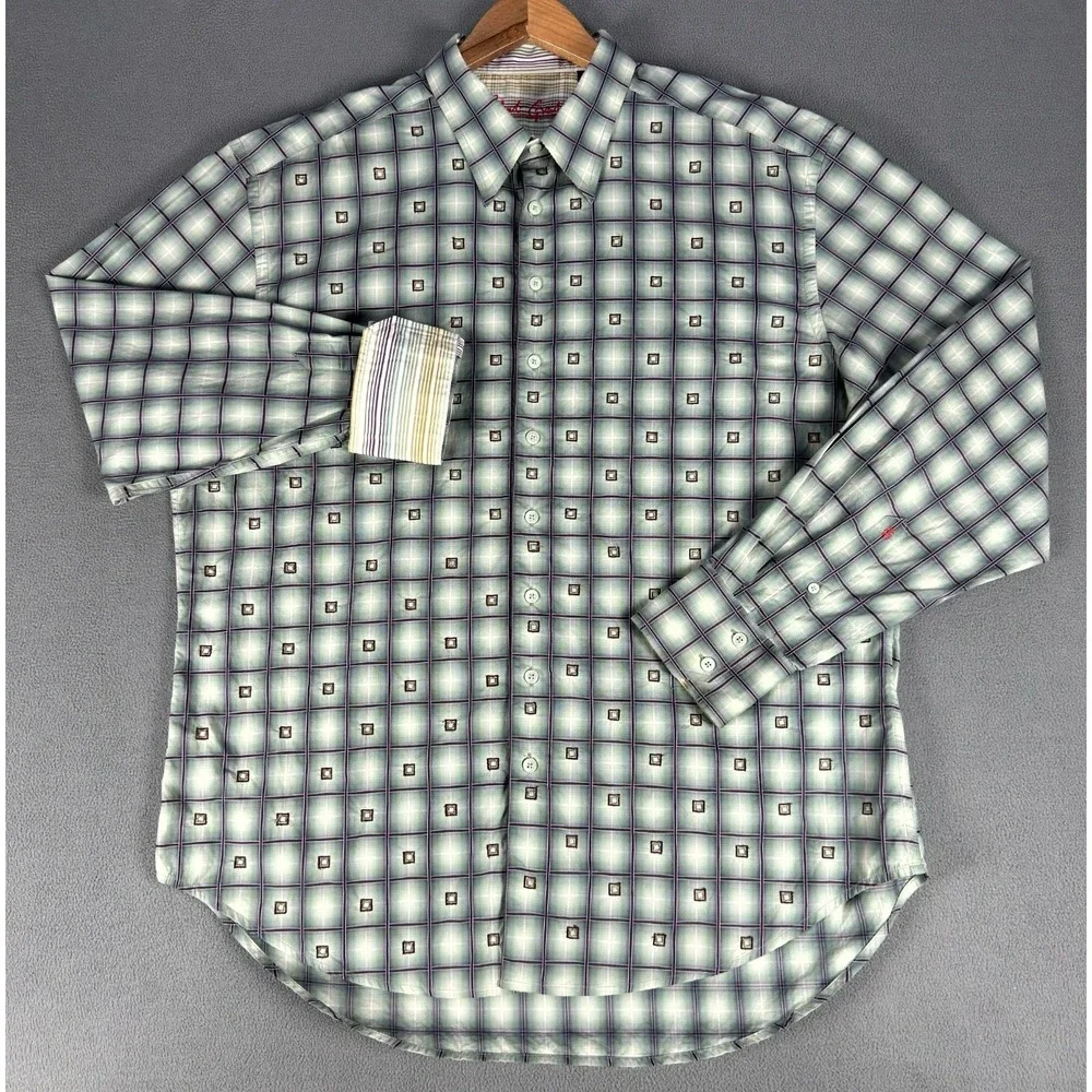 Robert Graham Shirt XL Green Purple Geometric Window Pane Colorful Flip Cuff